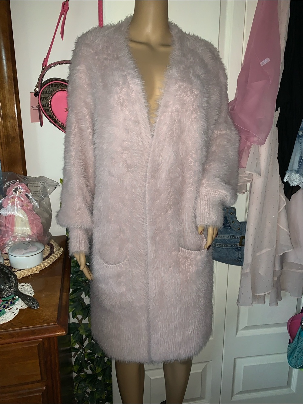 Pink fluffy furry vegan angora fur wrap sweater cardigan coat L